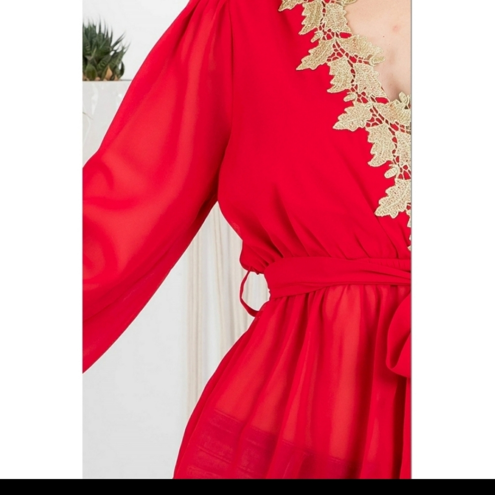 Chiffon-Like Red Top with Bell Sleeves and Gold Details around Neckline - Picture 6 of 11